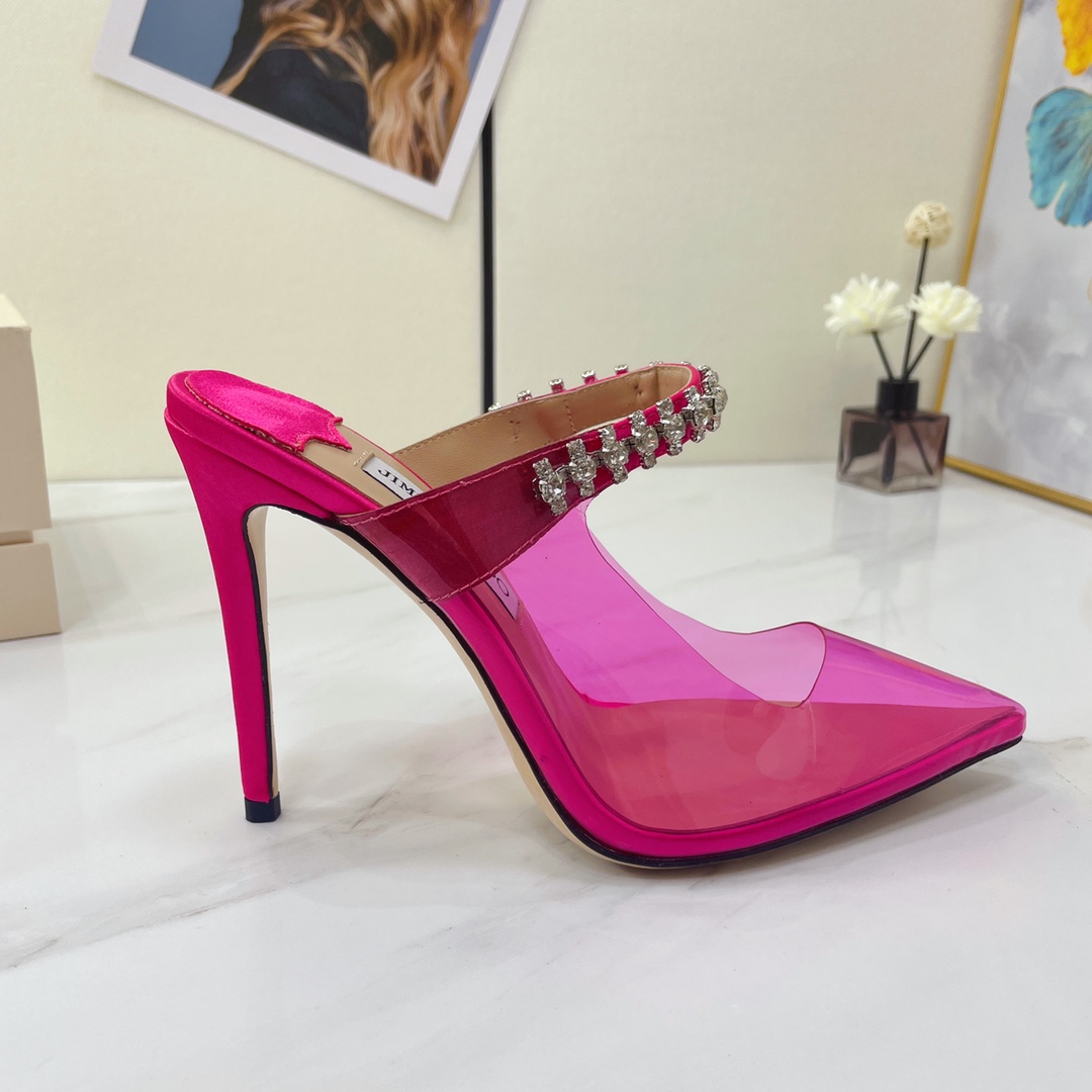 Jimmy Choo Bing 100 Hot Pink Neon Plexi Mules mit rosa Kristallriemen - EUR FASHION