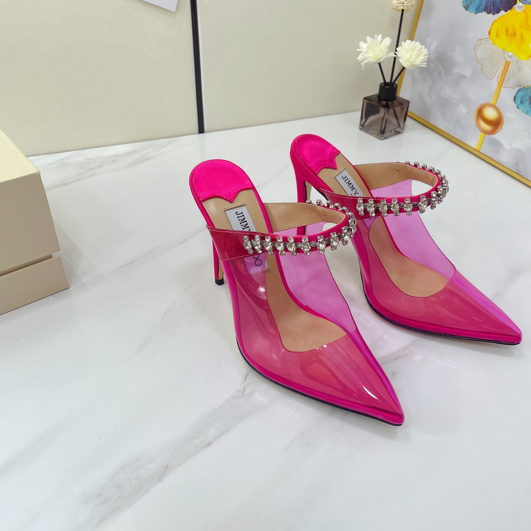 Jimmy Choo Bing 100 Hot Pink Neon Plexi Mules mit rosa Kristallriemen - EUR FASHION