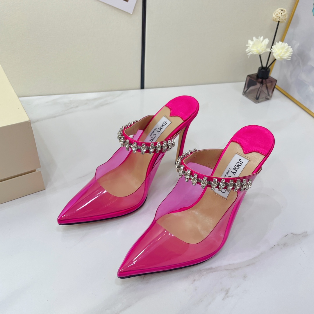 Jimmy Choo Bing 100 Hot Pink Neon Plexi Mules mit rosa Kristallriemen - EUR FASHION