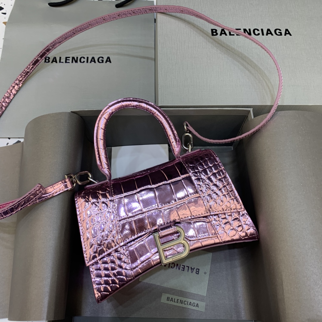 Balenciaga Hourglass Handtasche mit rosa metallisierter Krokodilprägung (23-10-14CM) - EUR FASHION