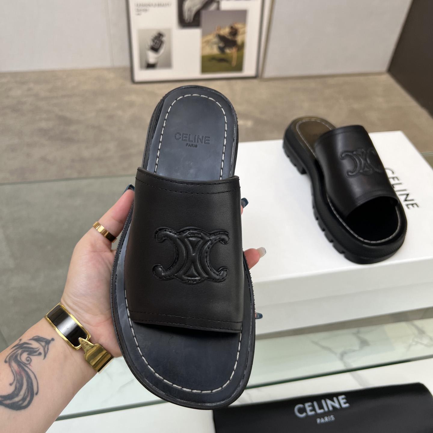 Celine Clea Triomphe Slide In Gemüse – Schwarzes Kalbsleder - EUR FASHION