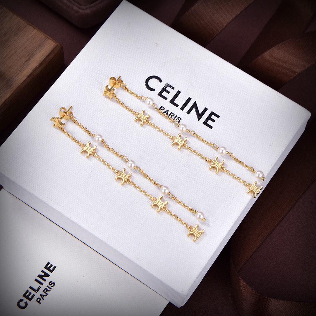 Celine Triomphe Long Pearl Earrings In Brass With Gold Finish And Resin Pearls - EUR FASHION