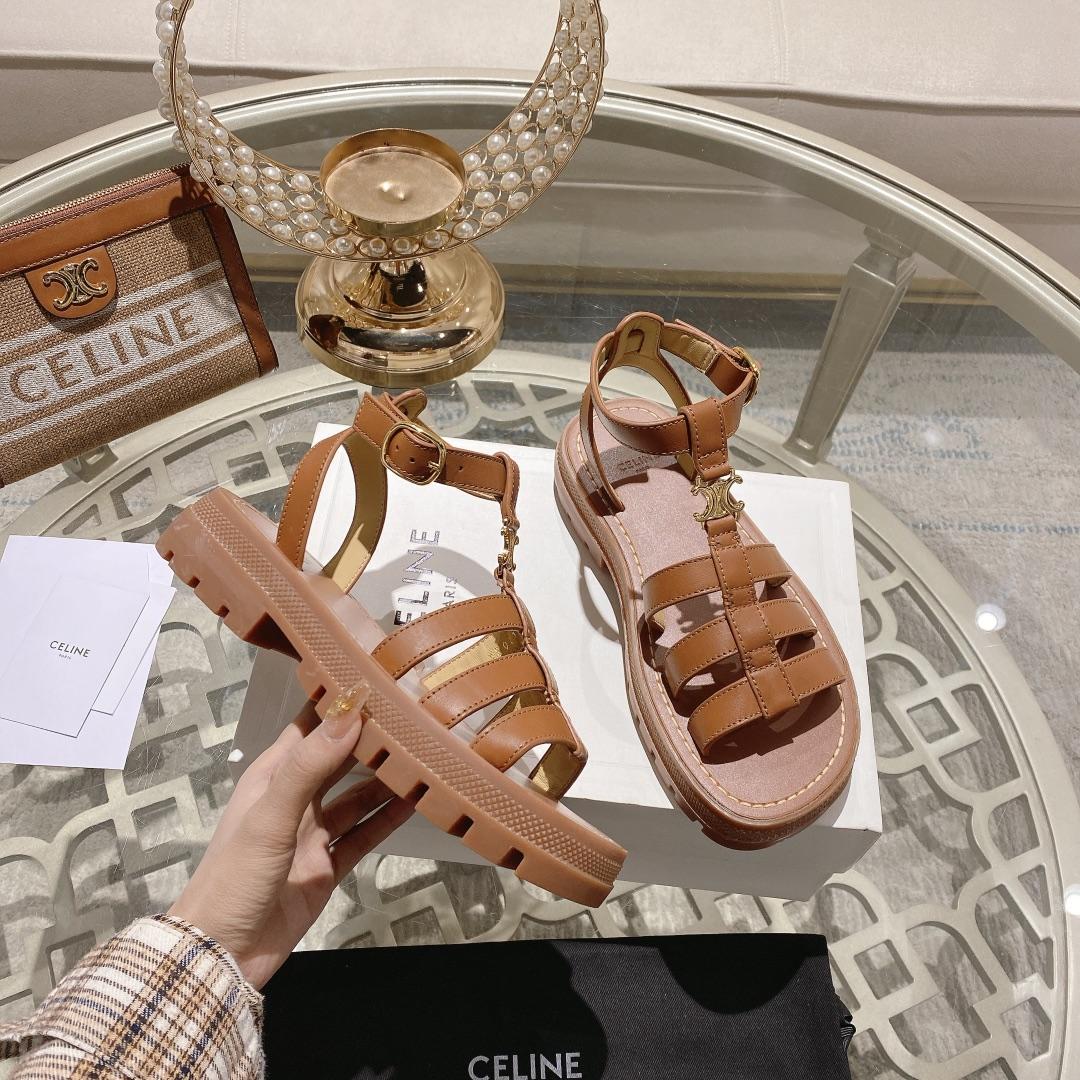 Celine Clea Triomphe Gladiator Sandal In Calfskin - Vegetal Tanning Tan - EUR FASHION