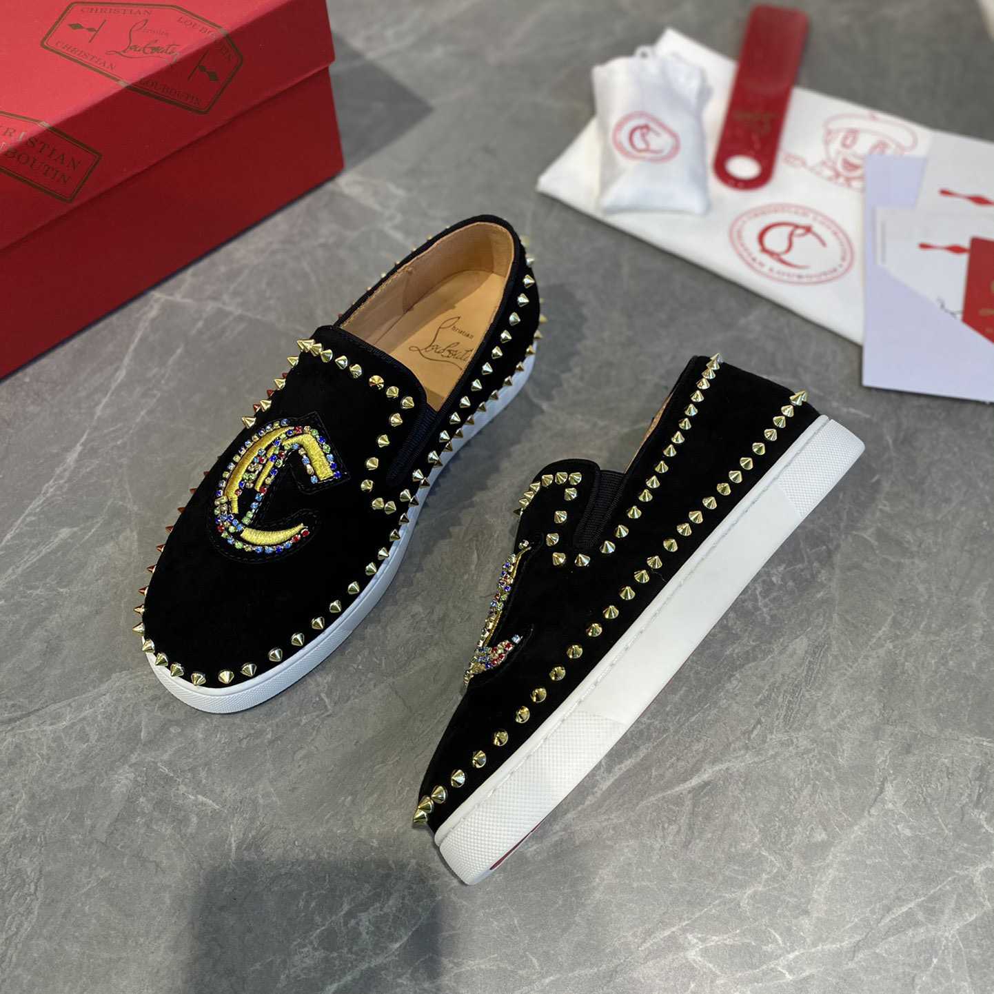 Christian Louboutin Studded Suede Spike Slip-On Sneakers - EUR FASHION