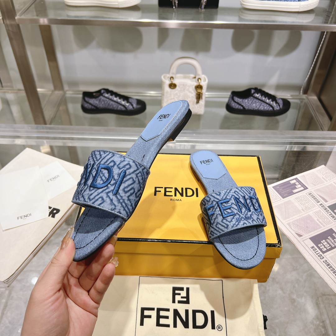 Fendi Signature Blue Denim Slides - EUR FASHION