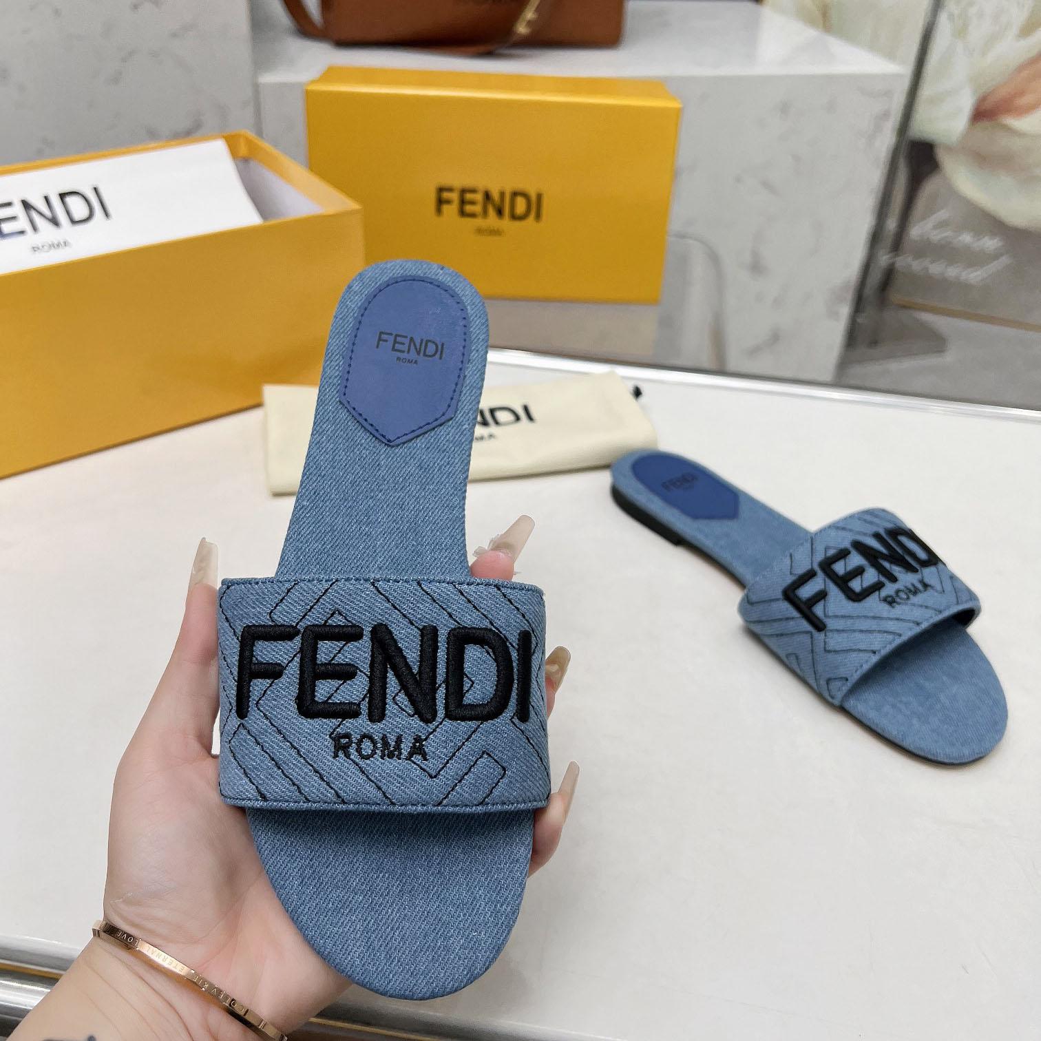 Fendi Signature Blue Denim Slides - EUR FASHION