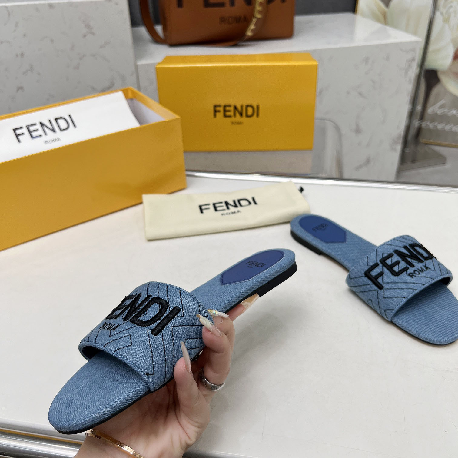 Fendi Signature Blue Denim Slides - EUR FASHION