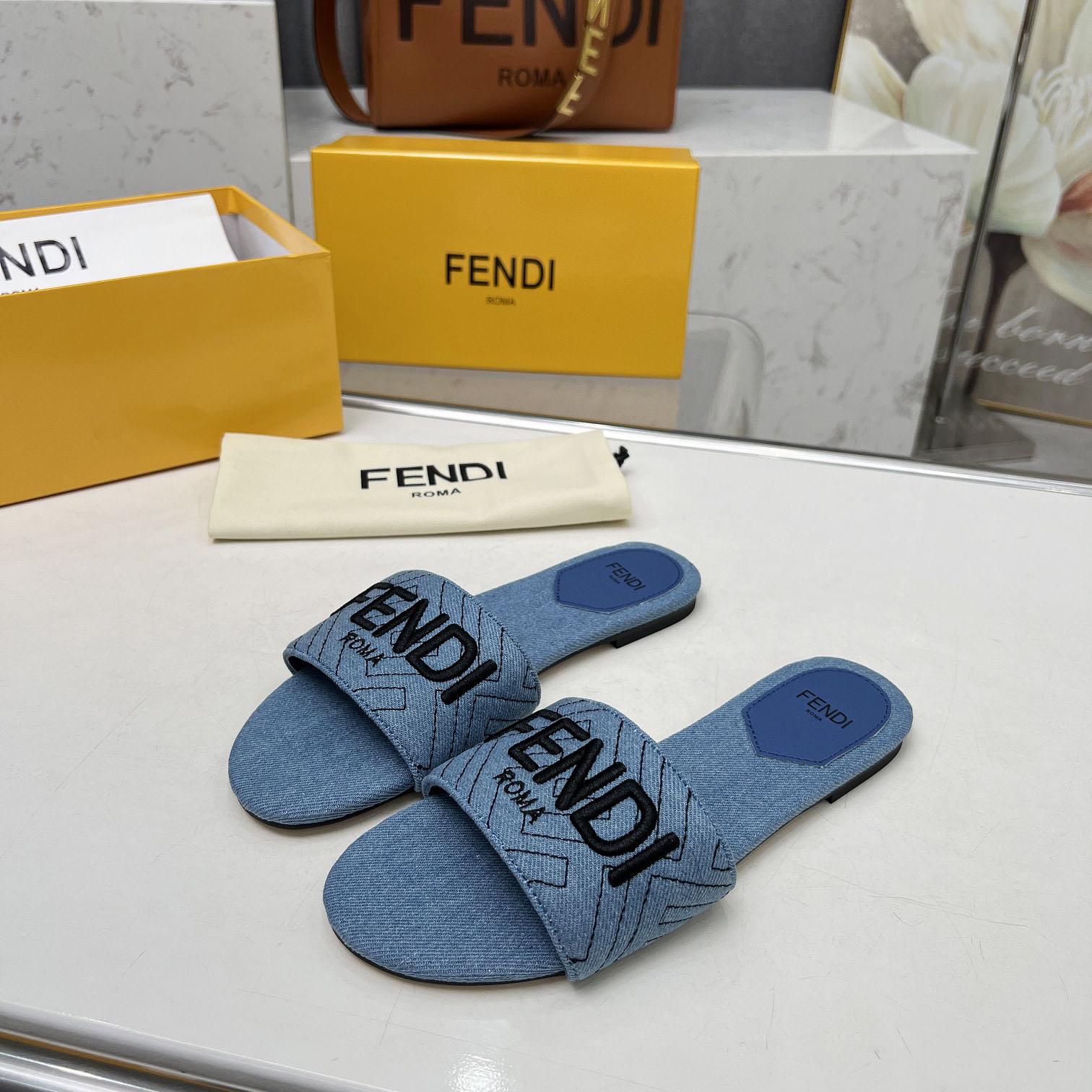 Fendi Signature Blue Denim Slides - EUR FASHION