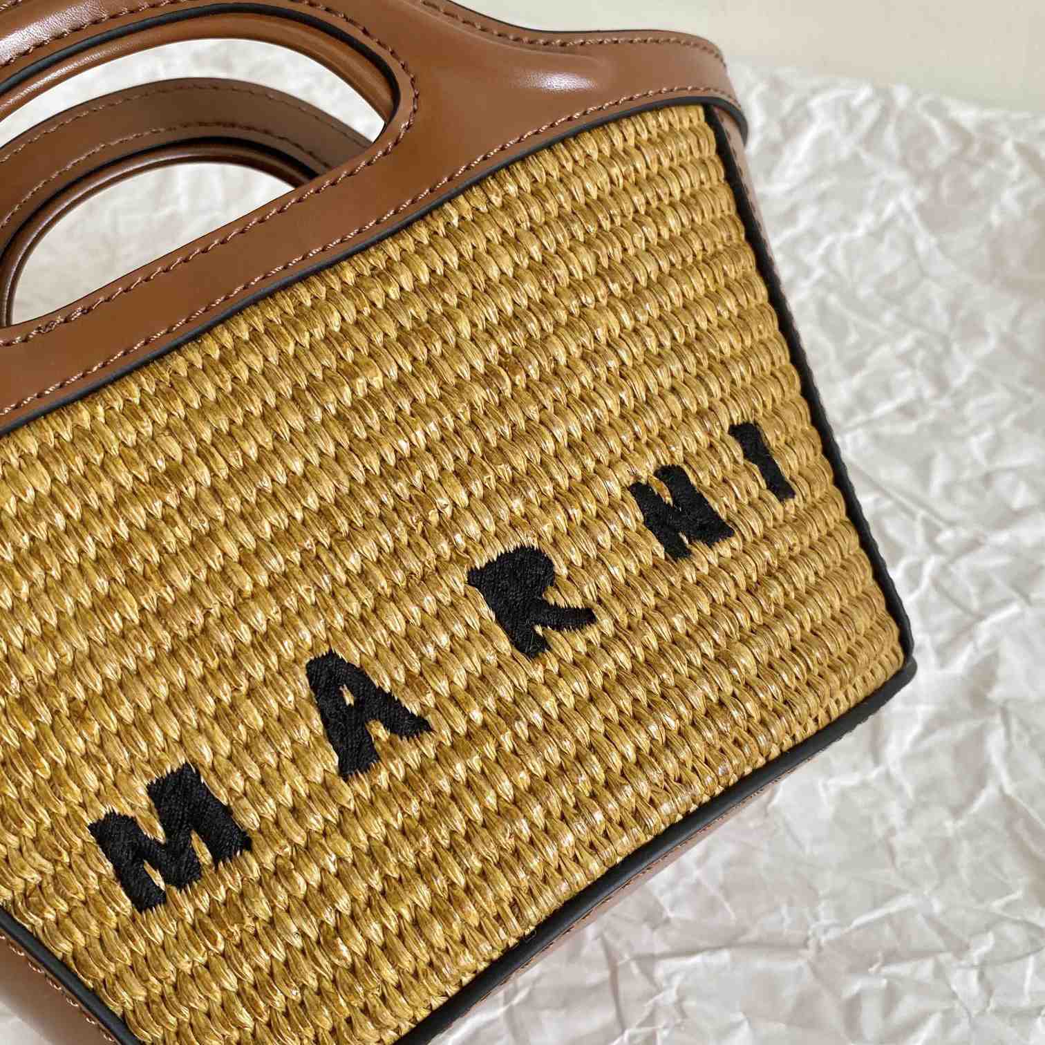 Marni Tropicalia Micro Bag In Brown Leather And Raffia-effect Fabric - EUR FASHION