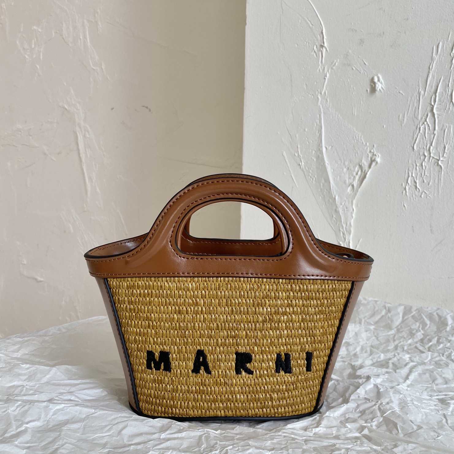 Marni Tropicalia Micro Bag In Brown Leather And Raffia-effect Fabric - EUR FASHION