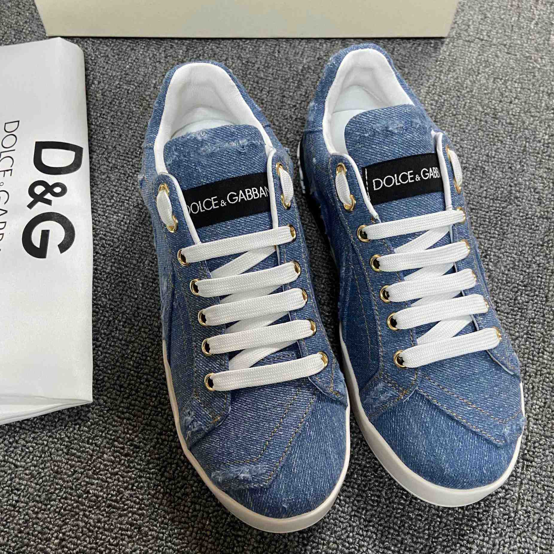 Dolce & Gabbana Portofino Denim Patchwork Trainers In Blue - EUR FASHION