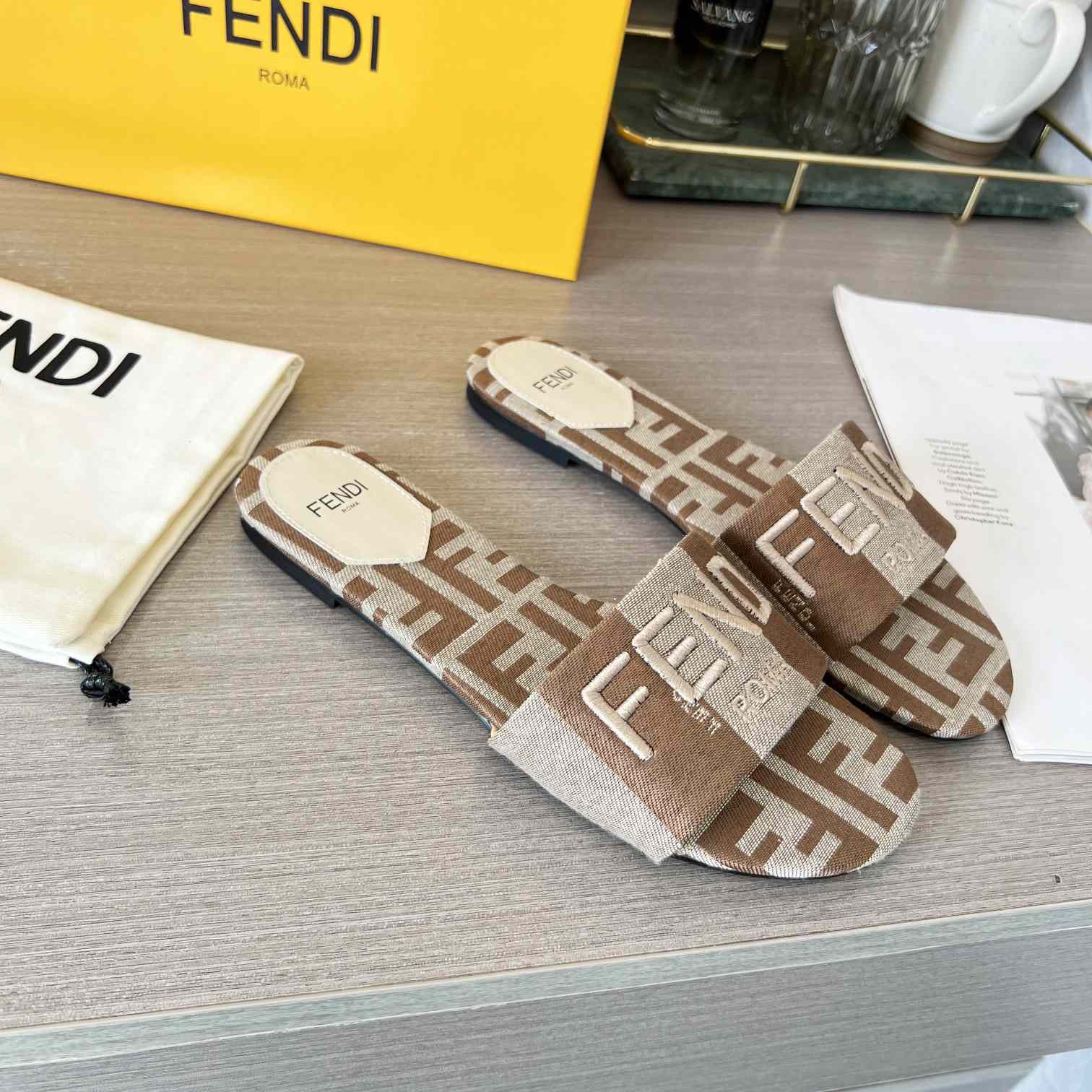 Fendi Signature Beige Fabric Slides - EUR FASHION