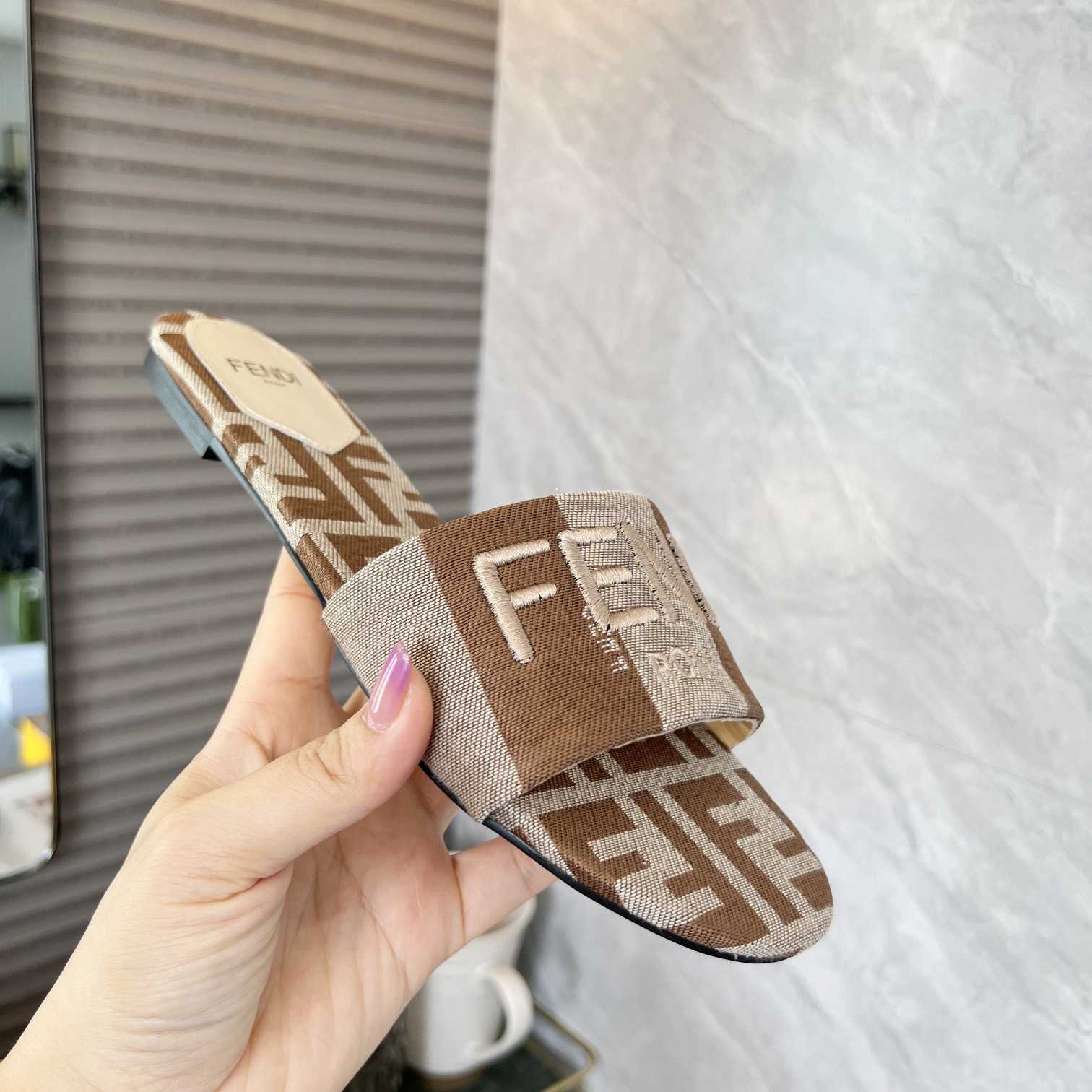 Fendi Signature Beige Fabric Slides - EUR FASHION