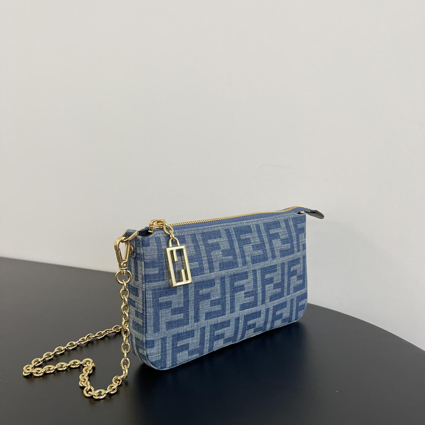 Fendi Baguette Pouch Light Blue FF Denim Fabric Pouch With Chain - EUR FASHION