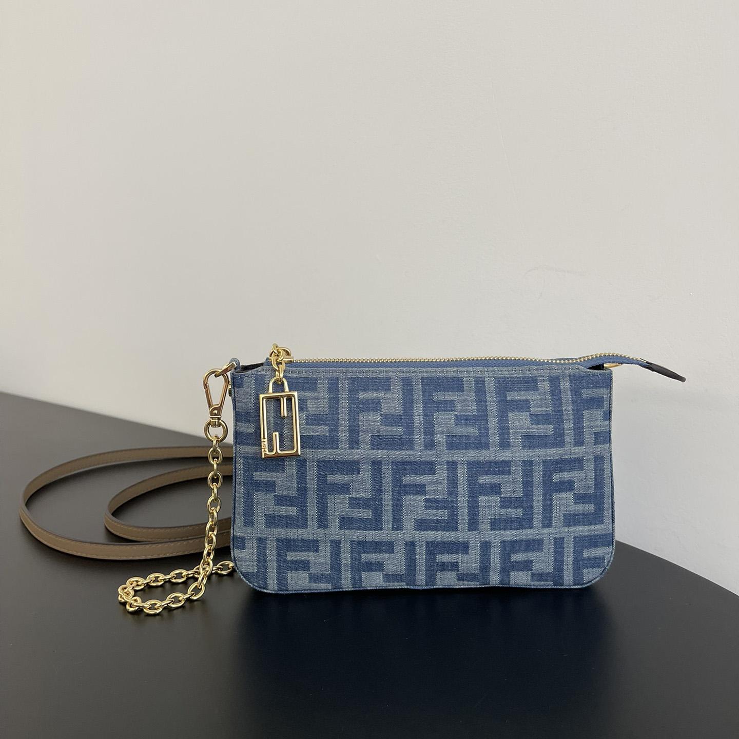 Fendi Baguette Pouch Light Blue FF Denim Fabric Pouch With Chain - EUR FASHION