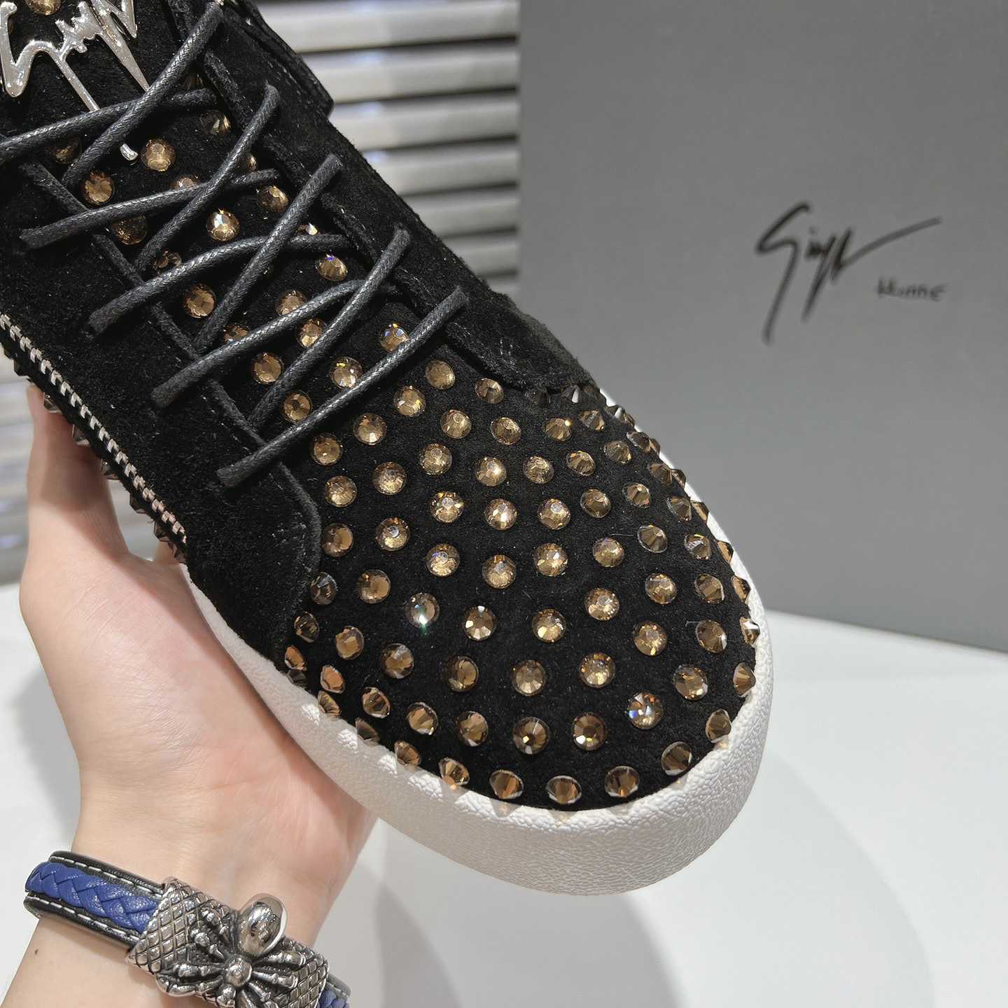 Giuseppe Zanotti Black Suede Crystal May London Sneakers - EUR FASHION