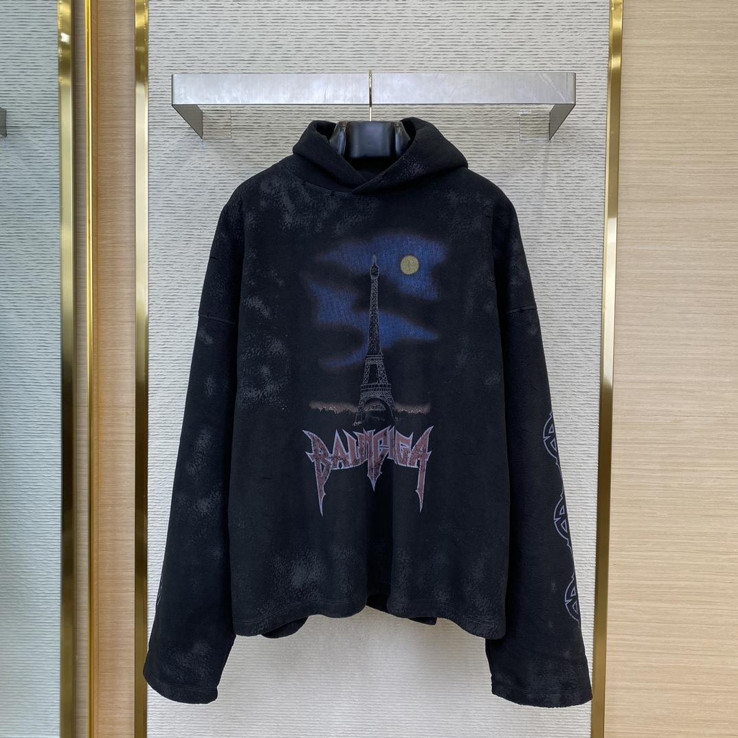 Balenciaga Paris Moon Crinkled Hoodie Large Fit In Black - EUR FASHION