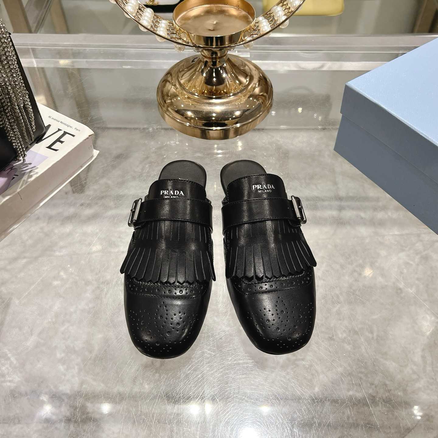 Prada Shuffle Fringed Monk Strap Leather Mules - EUR FASHION