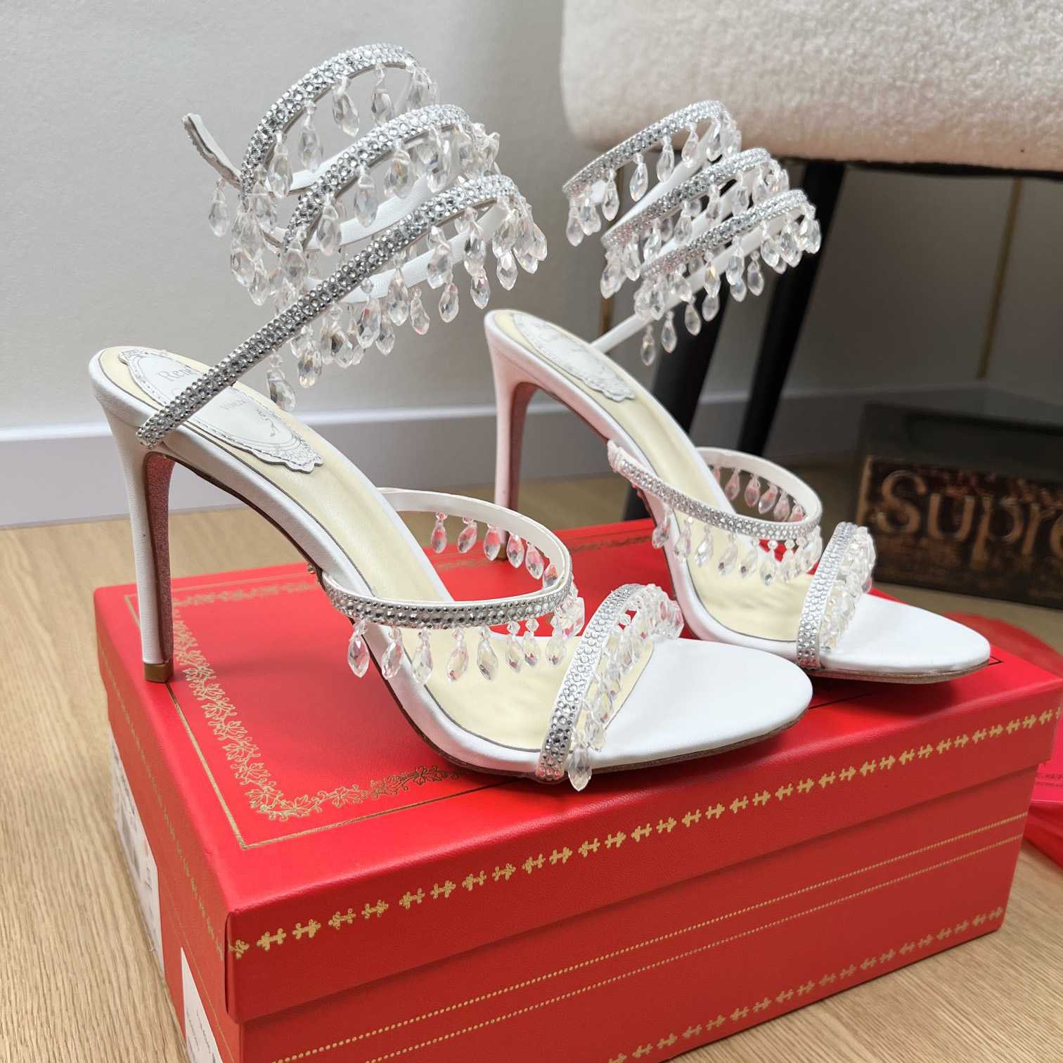 Rene Caovilla Jeweled Chandelier Crystal Teal Sandal  95mm - EUR FASHION