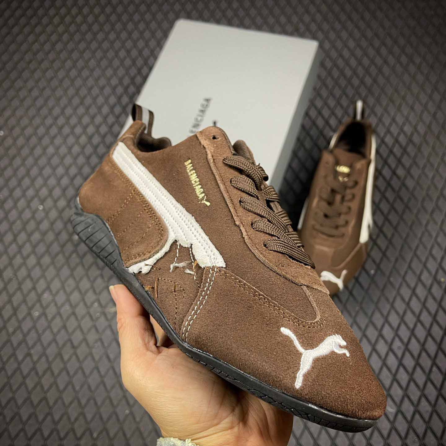 Balenciaga Speedcat Suede Balenciaga In Brown, White And Black Distressed Suede Cowskin - EUR FASHION