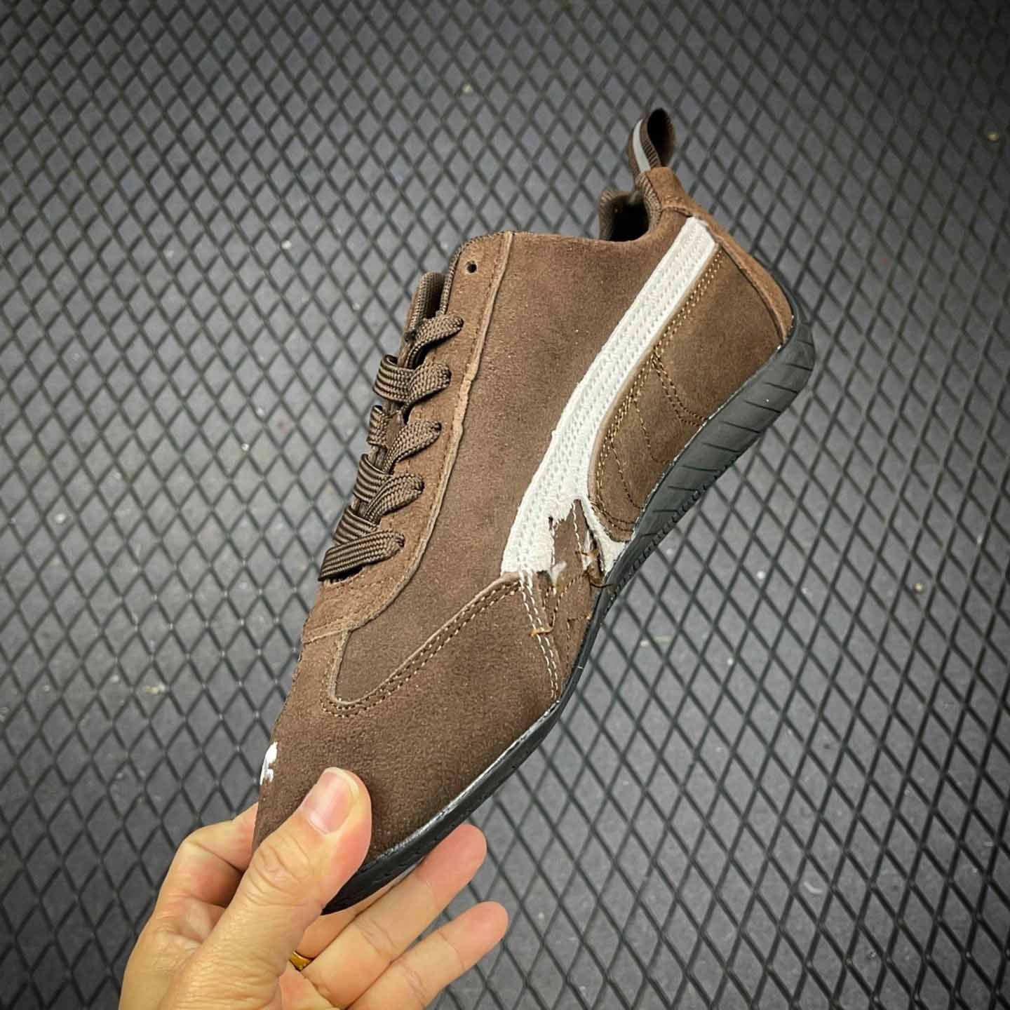 Balenciaga Speedcat Suede Balenciaga In Brown, White And Black Distressed Suede Cowskin - EUR FASHION