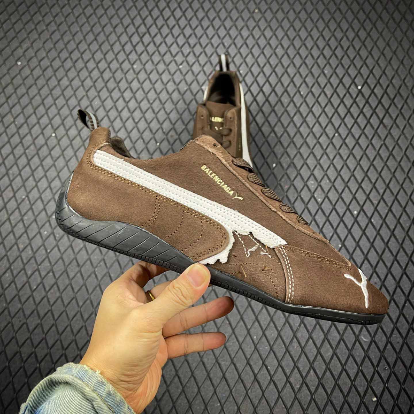 Balenciaga Speedcat Suede Balenciaga In Brown, White And Black Distressed Suede Cowskin - EUR FASHION