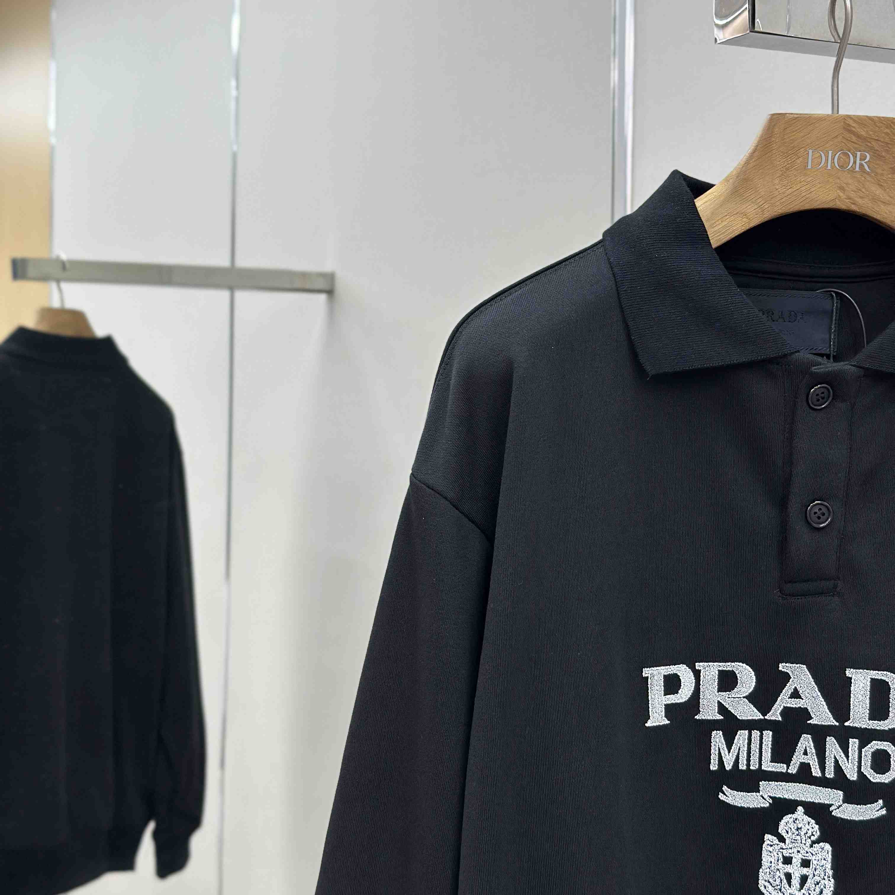 Prada Marble Black Long-sleeved Cotton Polo Shirt - EUR FASHION