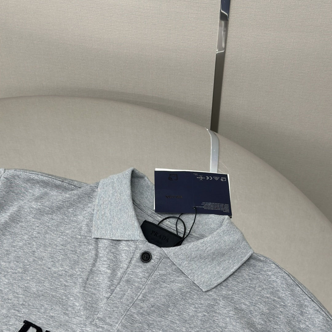 Prada Marble Gray Long-sleeved Cotton Polo Shirt - EUR FASHION