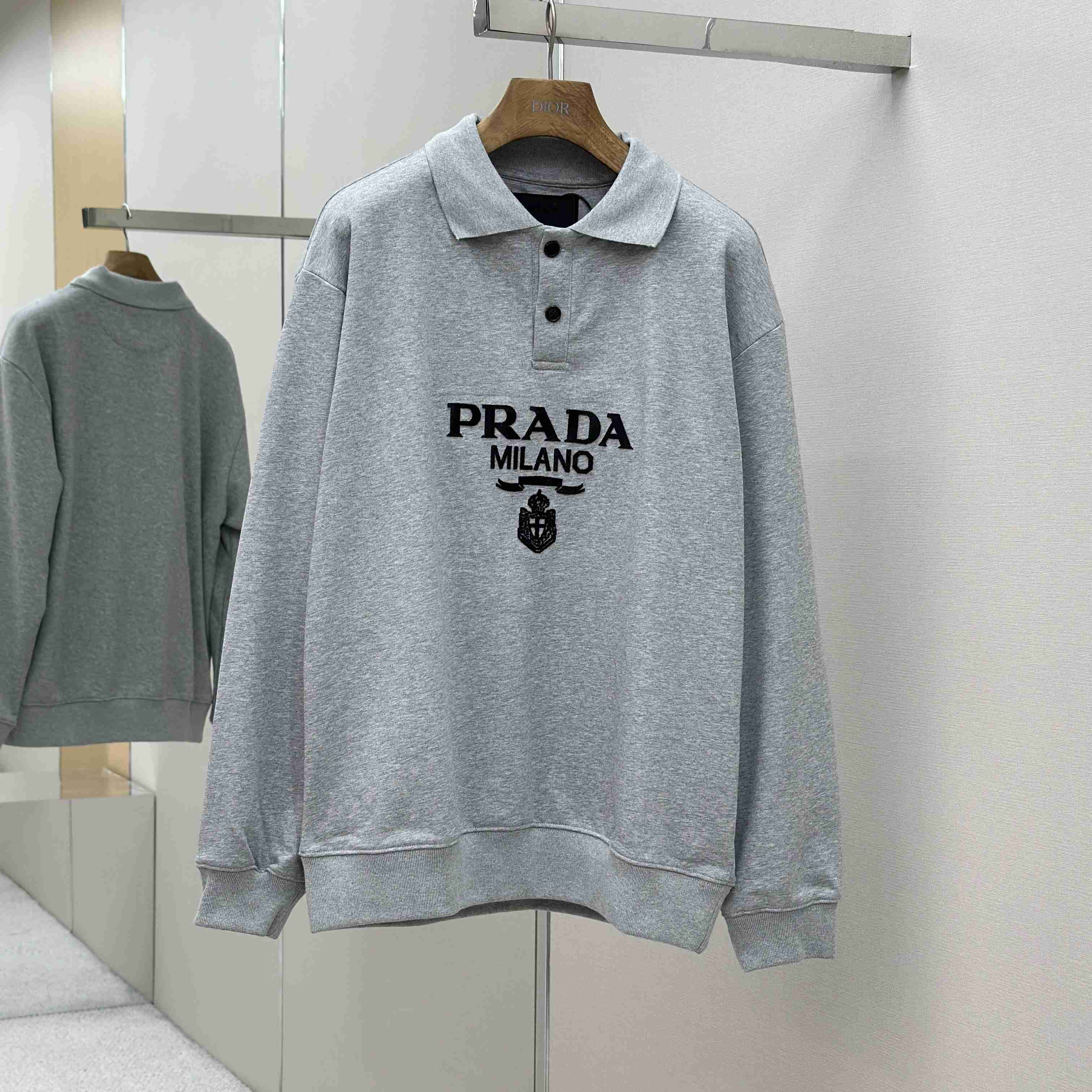 Prada Marble Gray Long-sleeved Cotton Polo Shirt - EUR FASHION