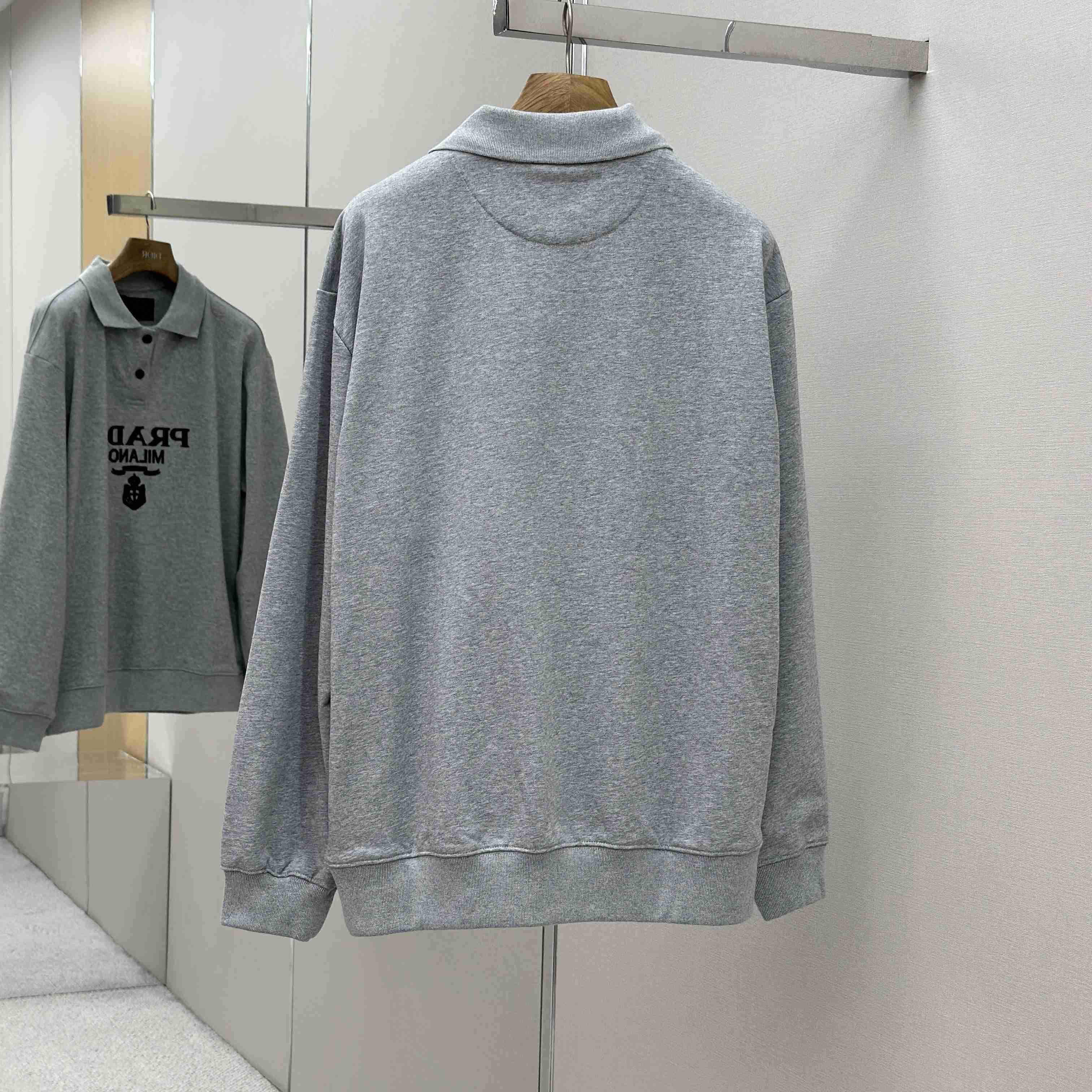 Prada Marble Gray Long-sleeved Cotton Polo Shirt - EUR FASHION