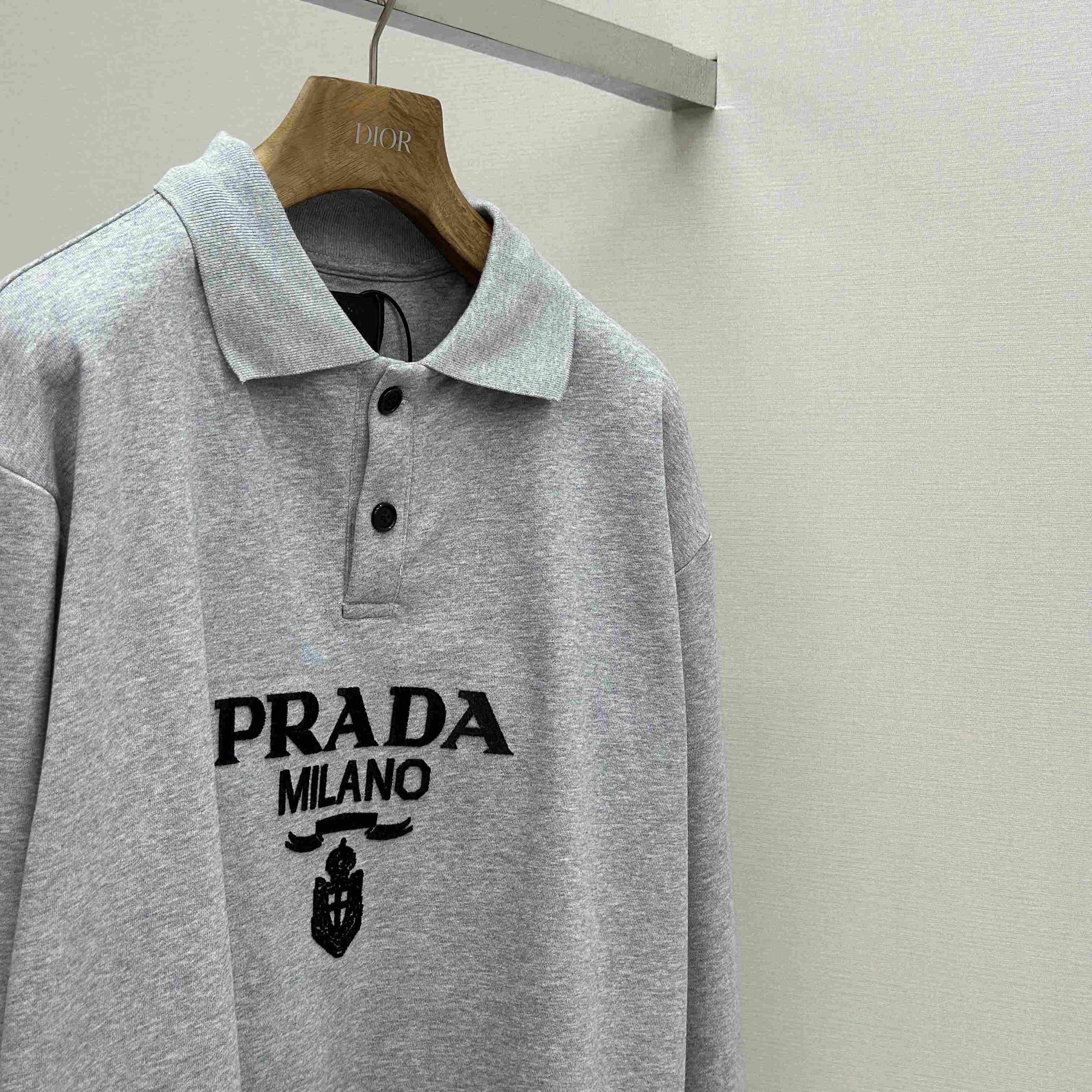 Prada Marble Gray Long-sleeved Cotton Polo Shirt - EUR FASHION