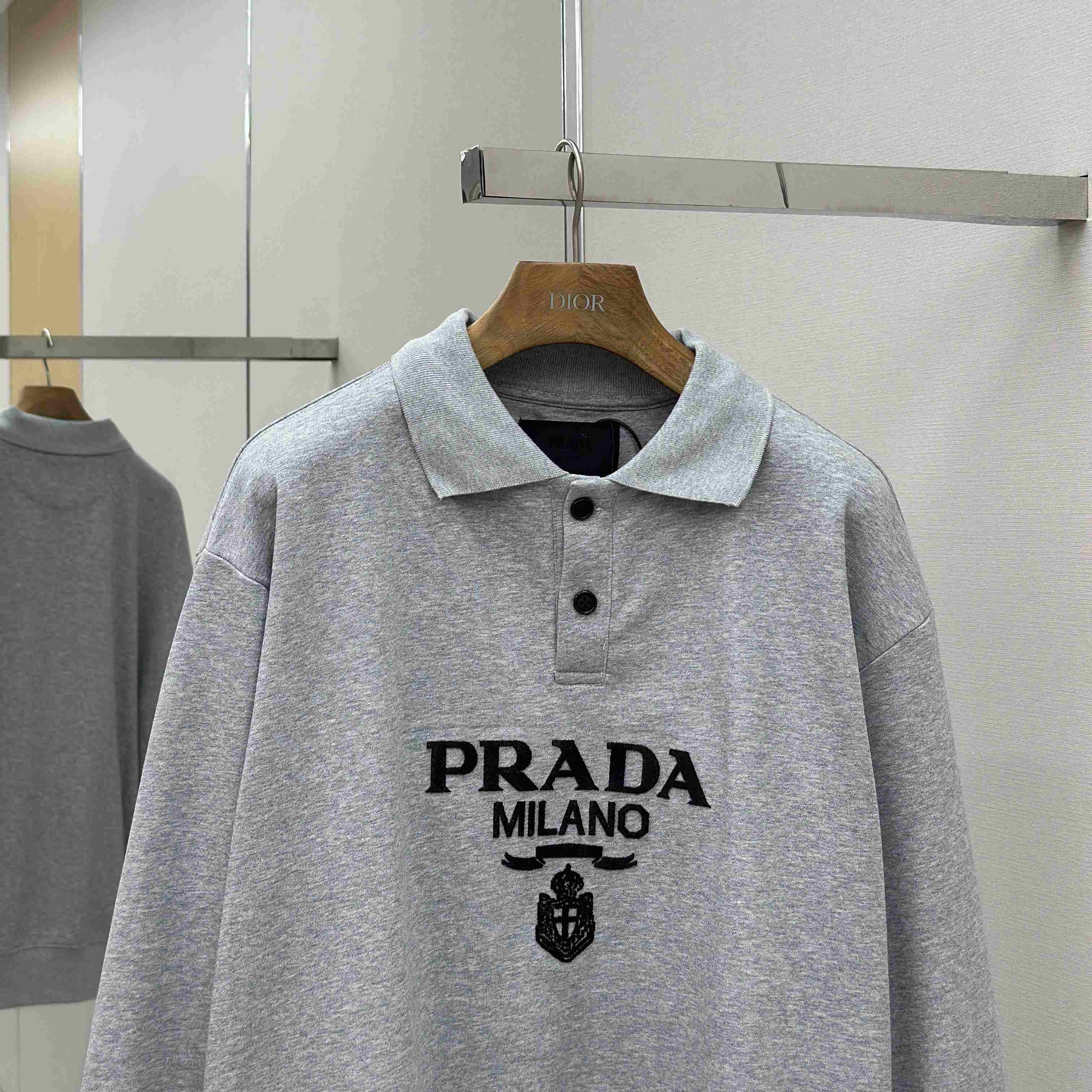 Prada Marble Gray Long-sleeved Cotton Polo Shirt - EUR FASHION