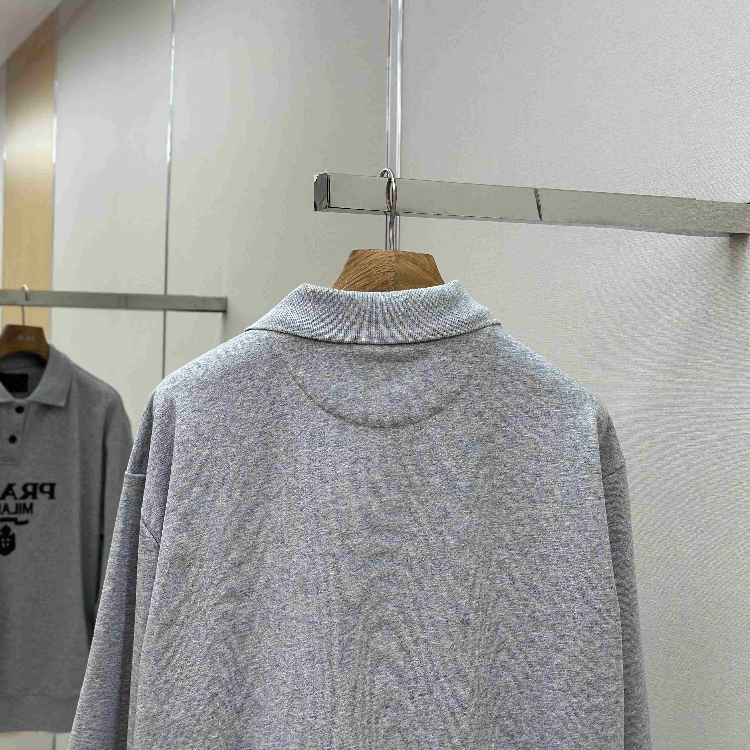 Prada Marble Gray Long-sleeved Cotton Polo Shirt - EUR FASHION