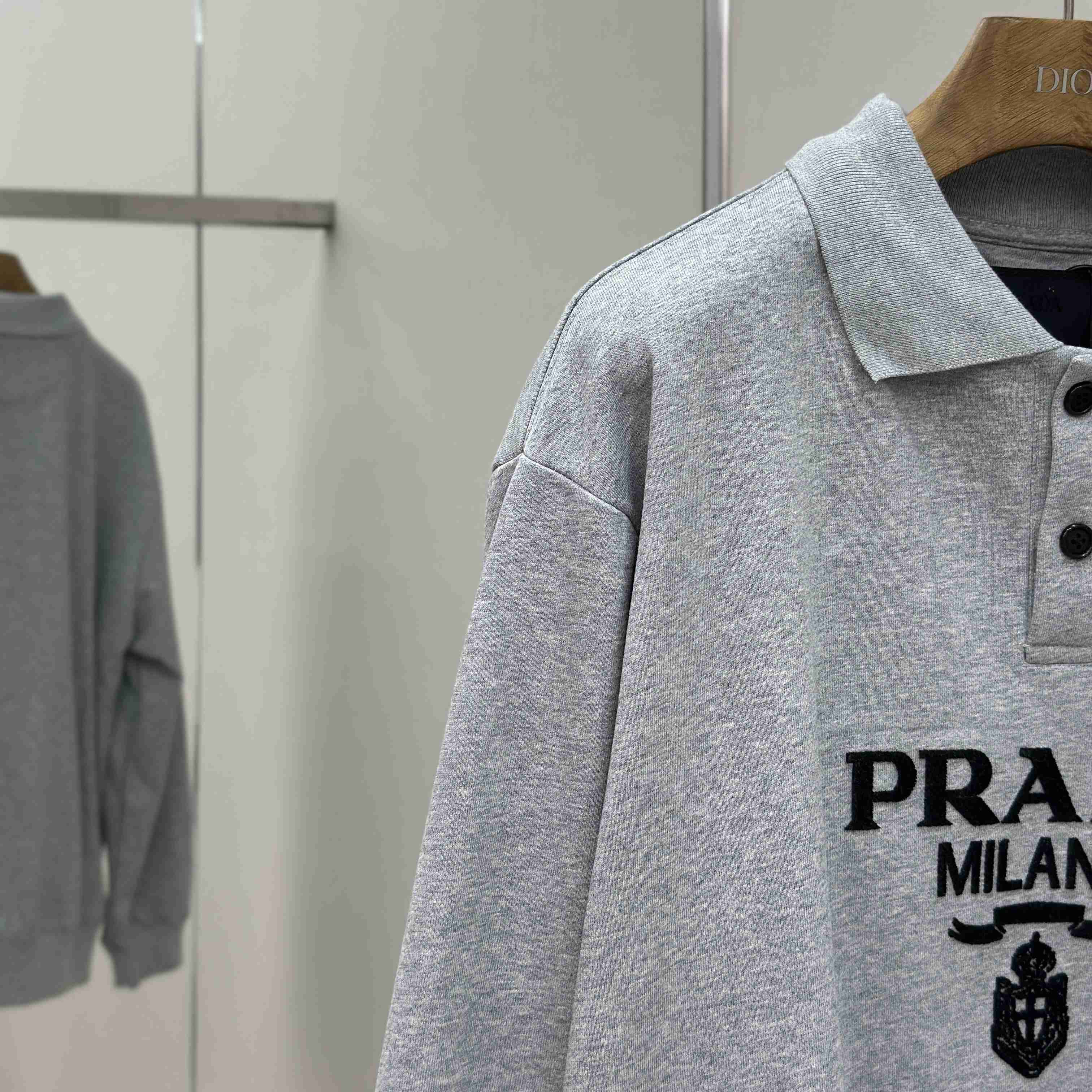 Prada Marble Gray Long-sleeved Cotton Polo Shirt - EUR FASHION