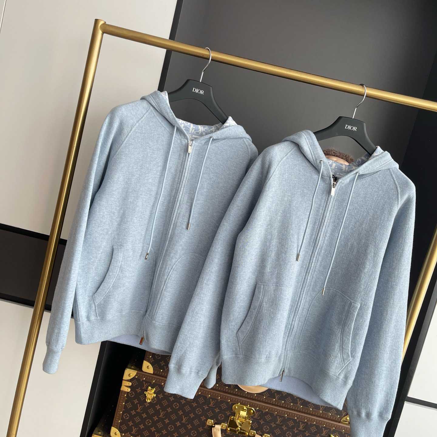 Dior Hooded Track Jacket Blue Cotton and Cashmere Knit  - EUR FASHION