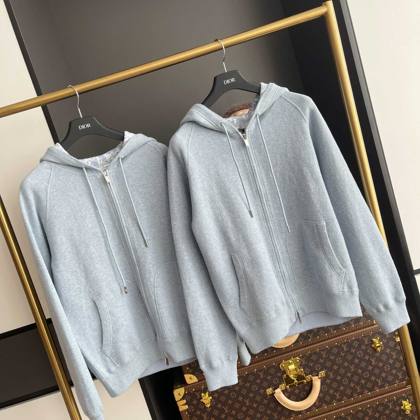 Dior Hooded Track Jacket Blue Cotton and Cashmere Knit  - EUR FASHION