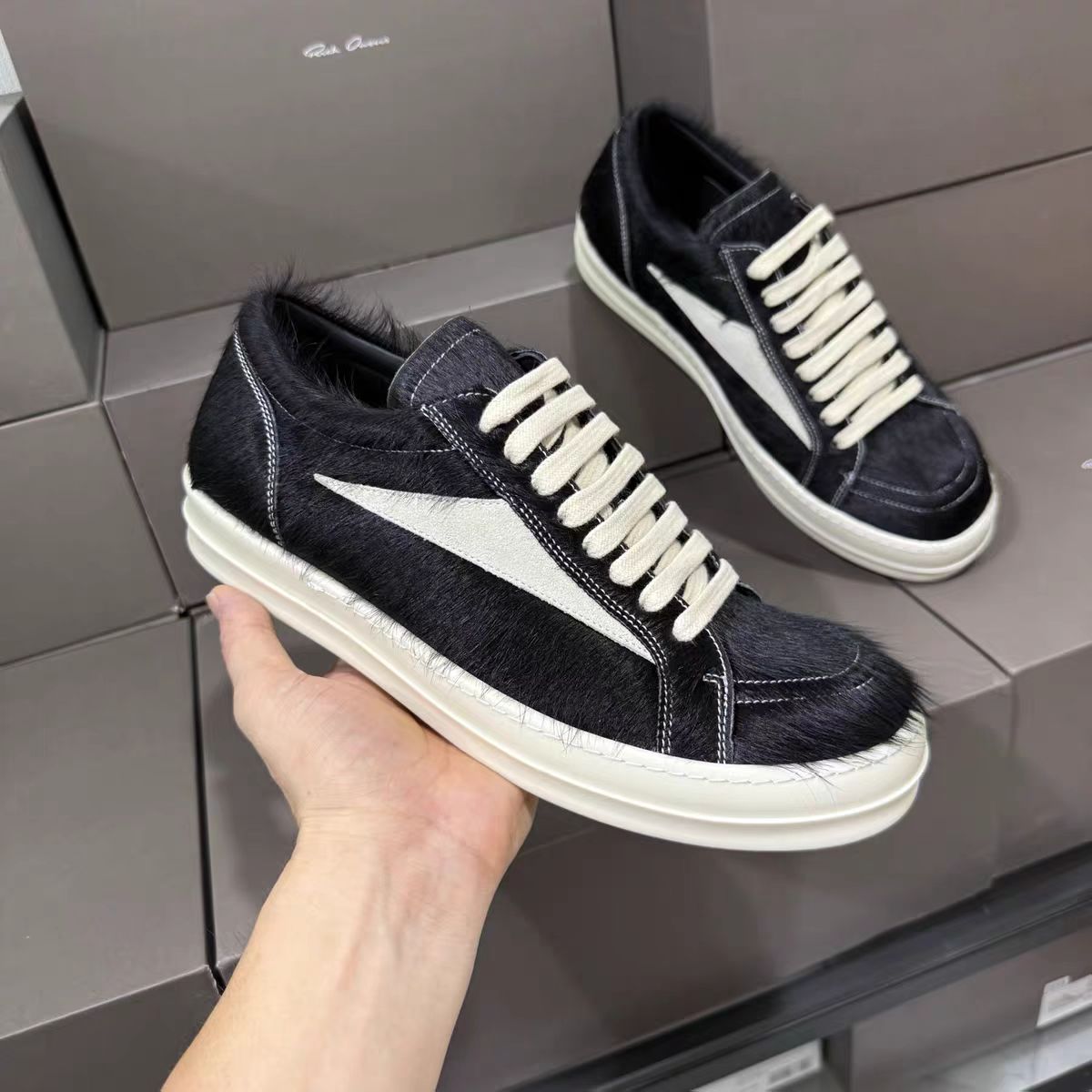 Rick Owens Black Pony Hair Low Sneakers - EUR FASHION